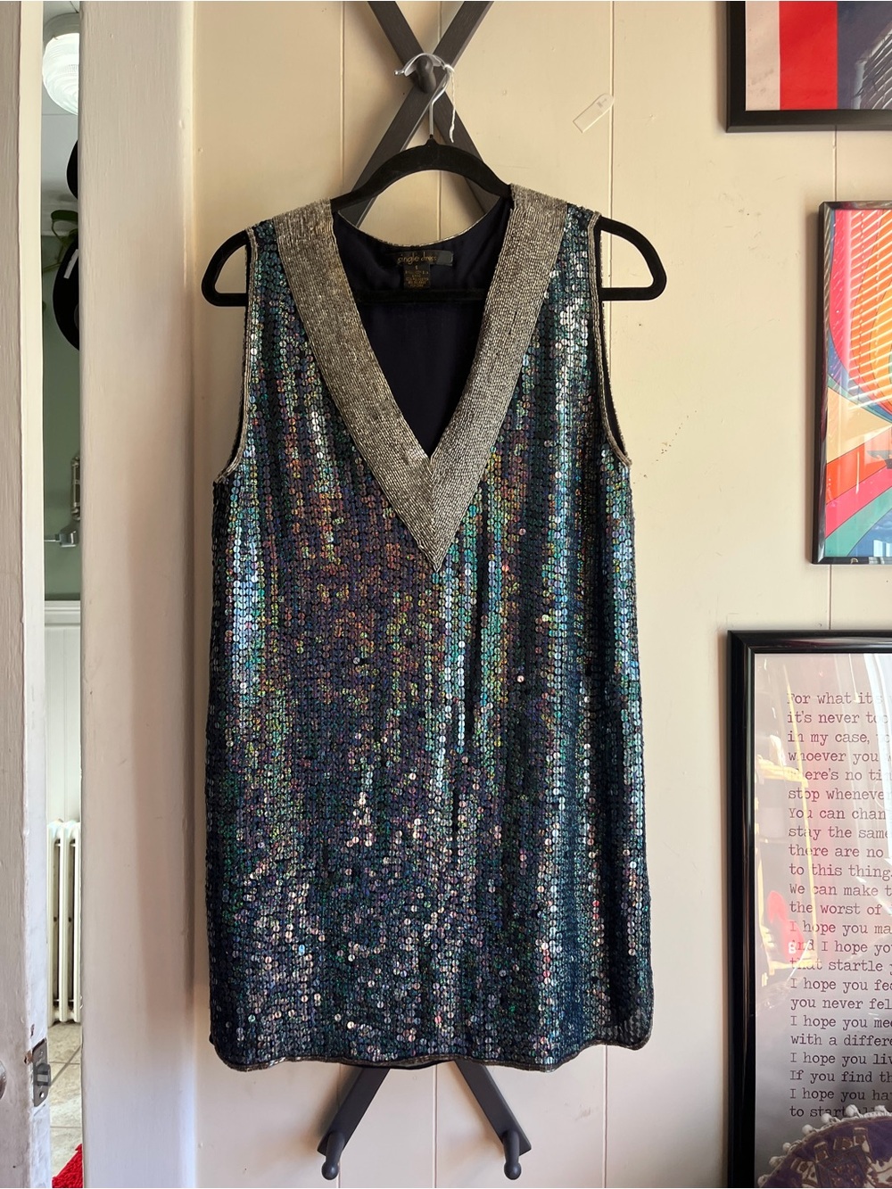 2000s Vintage Sleeveless V-Neck Sequin Party Dress in Iridescent Teal